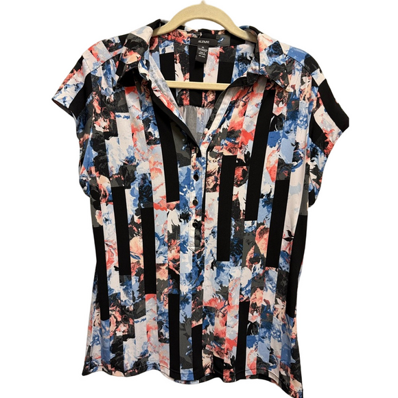 Alfani Women's Button Down Shirt - Black, Blue, Red Floral Stripes - Picture 1 of 3
